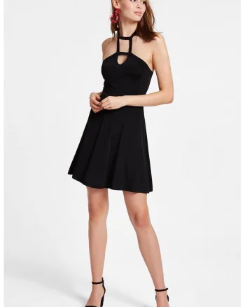 Rochie mini evazata cu model halter, Negru