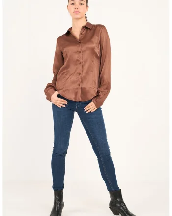 Camasa slim fit de satin, Caramel