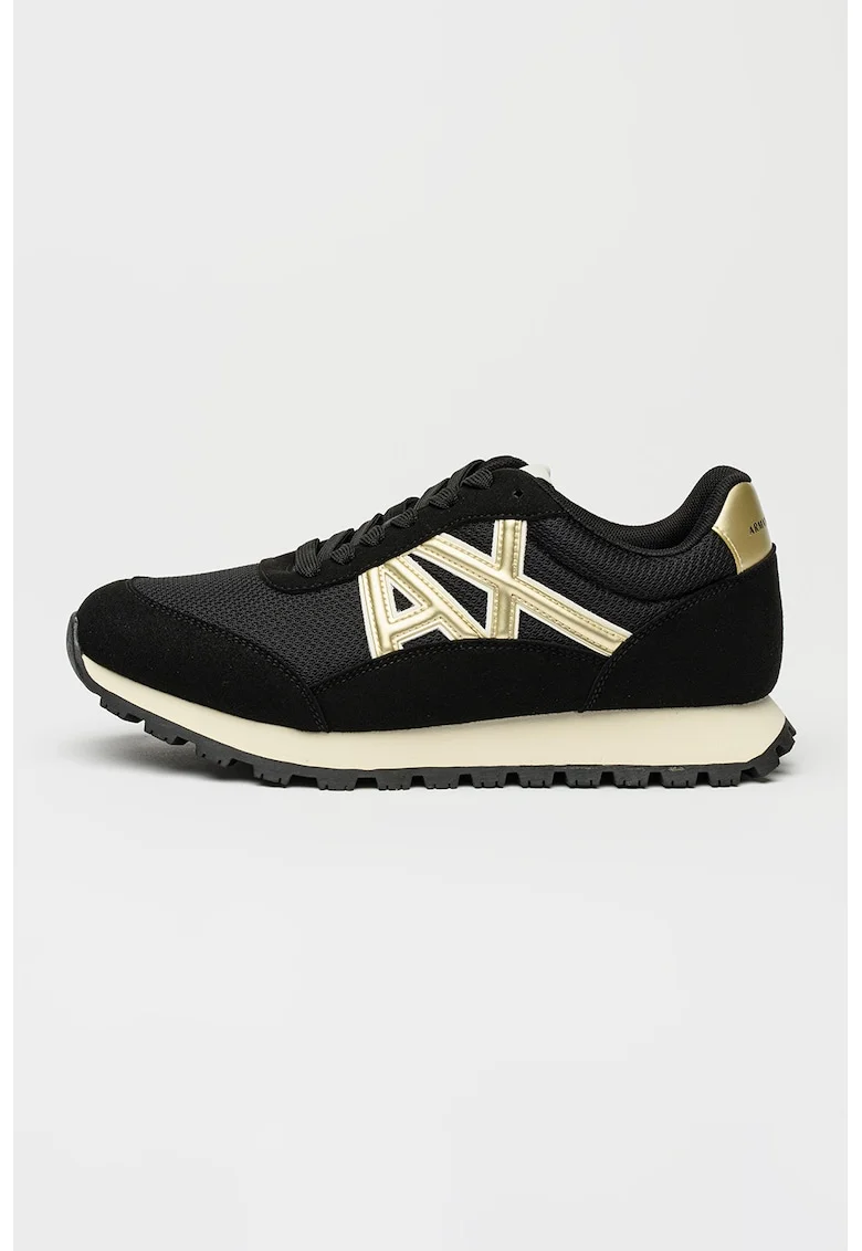 Pantofi sport de material sintetic cu insertii de plasa, Auriu/Negru