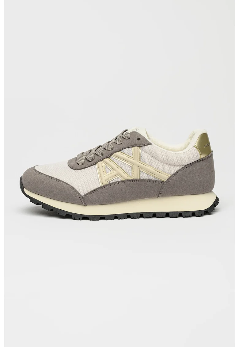 Pantofi sport de material sintetic cu insertii de plasa, Maro taupe deschis/Alb murdar