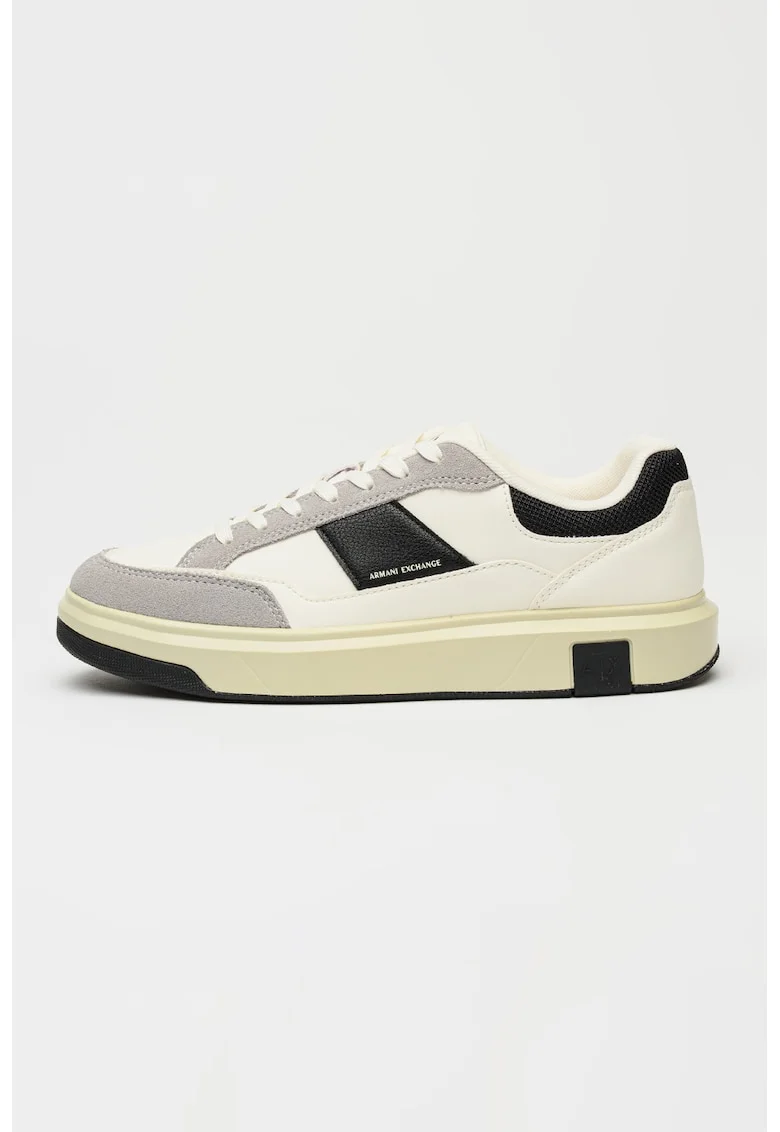 Pantofi sport low-cut cu garnituri de piele intoarsa, Alb/Negru/Gri deschis