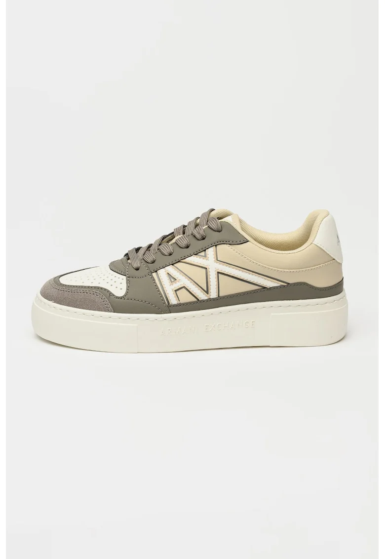 Pantofi sport de piele ecologica cu garnituri de piele intoarsa, Alb/Maro taupe/Maro nisip