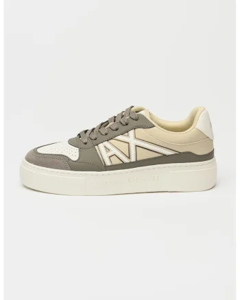 Pantofi sport de piele ecologica cu garnituri de piele intoarsa, Alb/Maro taupe/Maro nisip