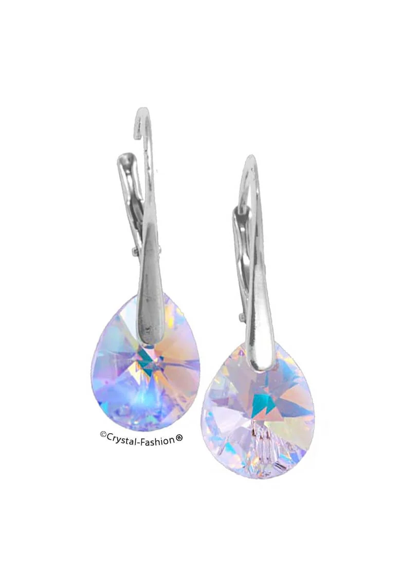 Cercei Argint 925 cu cristale Swarovski® Mini Pear 12mm Leverback Aurore Boreale