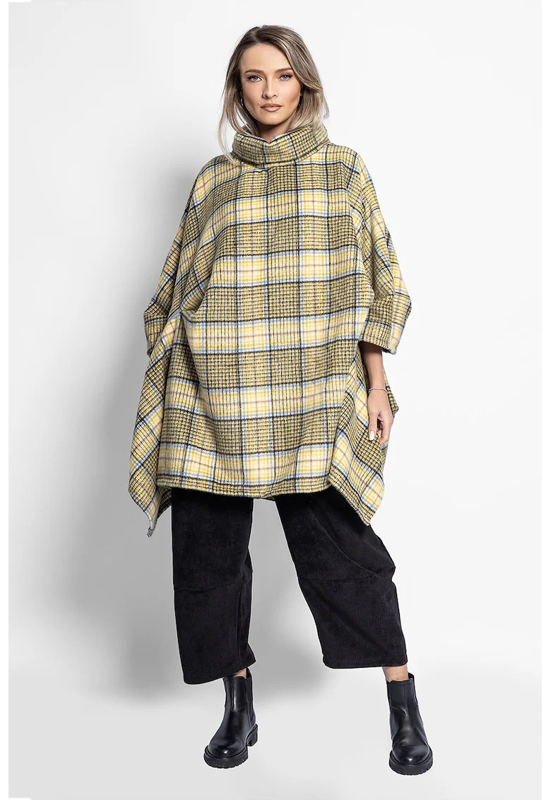 Poncho cu model in carouri si guler inalt, Negru/Galben/Albastru