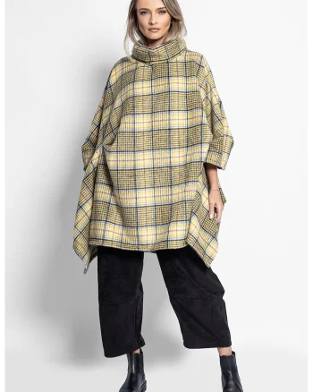 Poncho cu model in carouri si guler inalt, Negru/Galben/Albastru