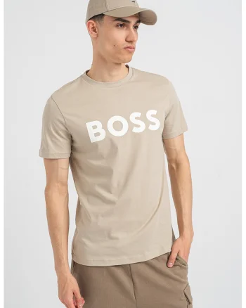 Tricou regular fit cu imprimeu logo cauciucat Thinking, Maro taupe deschis/Alb optic