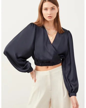 Bluza crop cu maneci bufante, Bleumarin