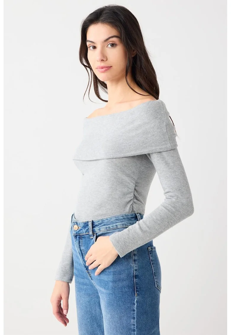 Bluza slim fit din amestec de modal cu decolteu pe umeri, Gri deschis