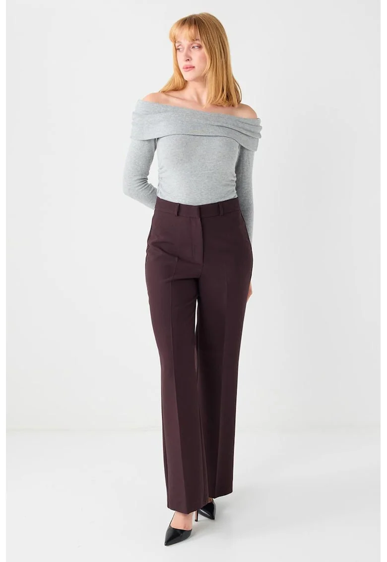 Pantaloni cu croiala ampla si talie inalta, Maro inchis