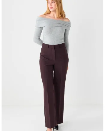 Pantaloni cu croiala ampla si talie inalta, Maro inchis