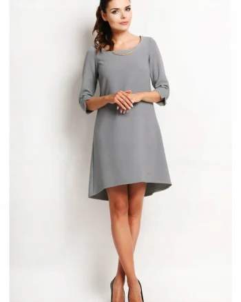 Rochie Trapez,  Tip Midi, Asimetrica, Stil Casual, Elegant, Business, 58% Poliester, 37% Viscoza, 5% Elastan, Lungime Maneca 3/4, Decolteu Rotund, Pentru Birou, Pentru Munca, Pentru Gri, Gri