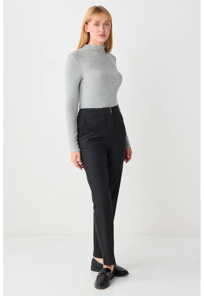 Pantaloni conici cu talie inalta si pliuri, Gri inchis