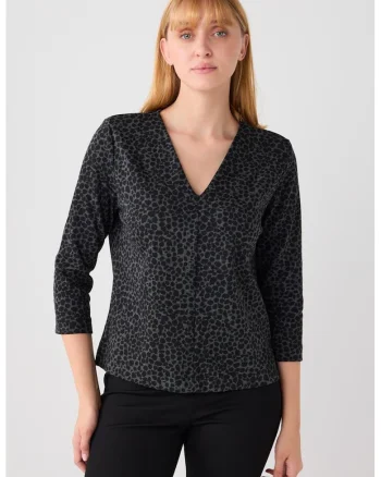 Bluza cu decolteu in V si animal print, Negru