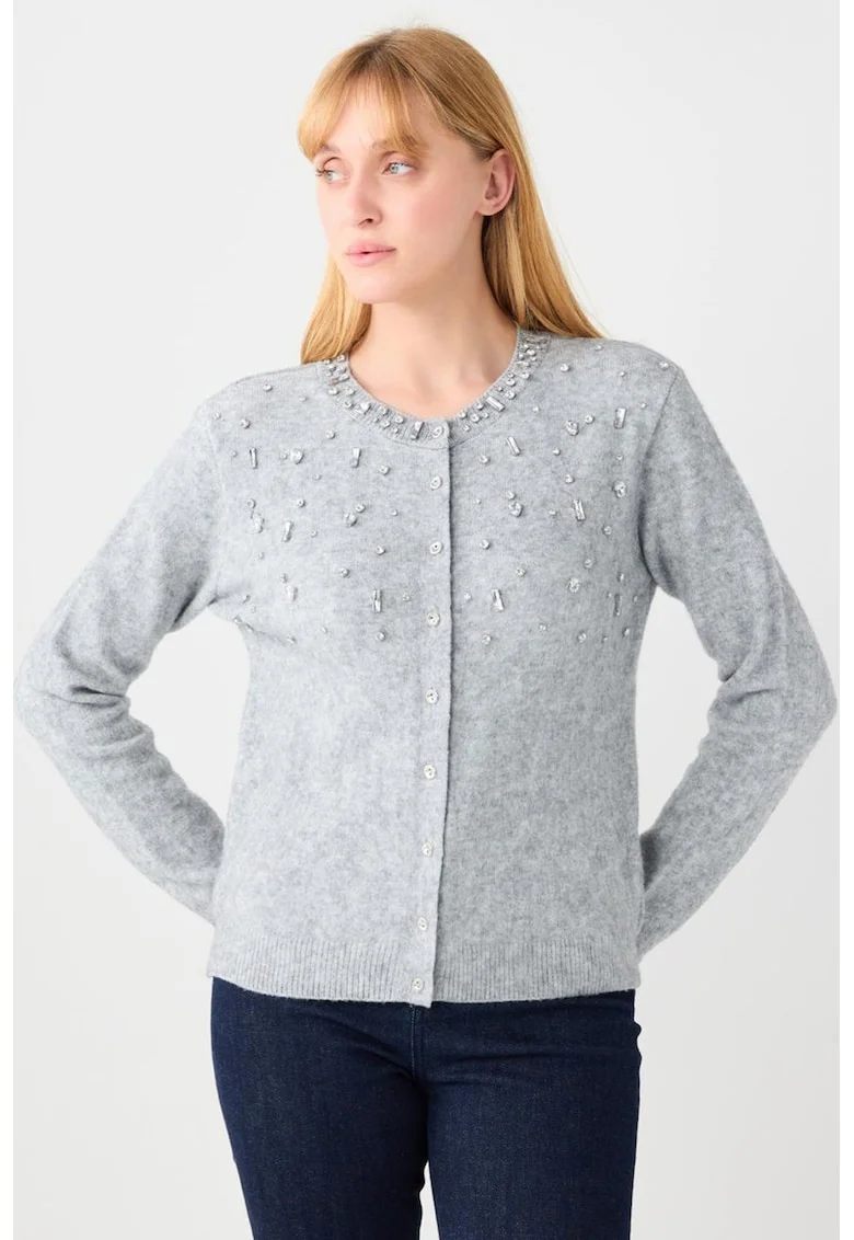 Cardigan cu nasturi si strasuri, Gri deschis melange