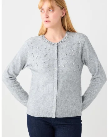 Cardigan cu nasturi si strasuri, Gri deschis melange