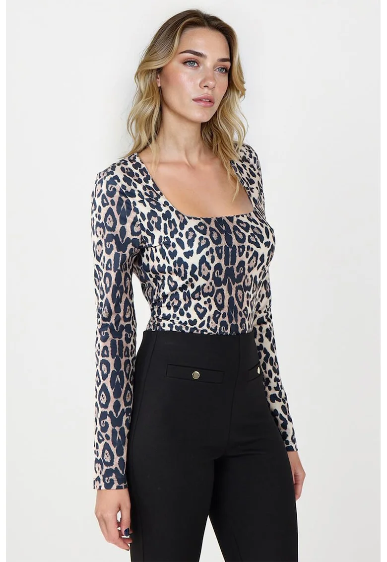 Bluza cu animal print, Alb/Negru/Maro taupe