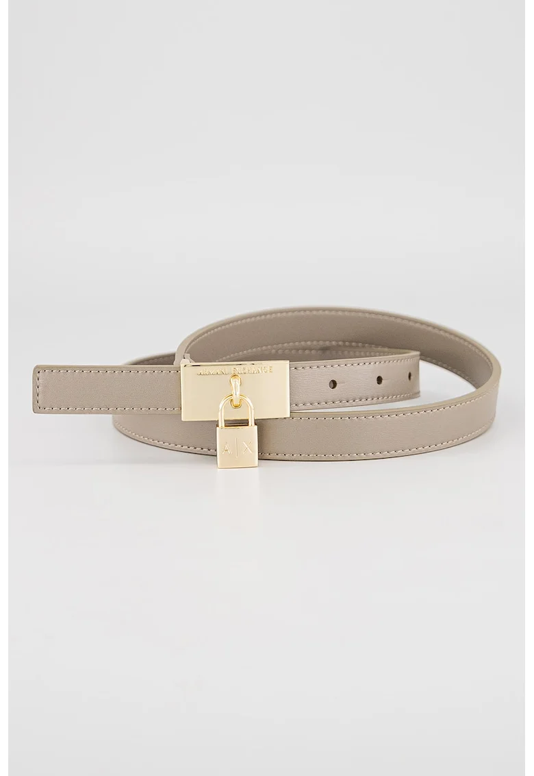 Curea ingusta din piele ecologica cu accesoriu cu lacat, Maro taupe deschis