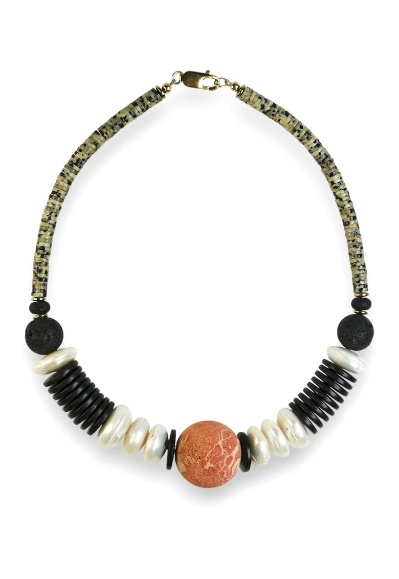 Colier cu perle si coral  incuietori de aur filat 14K, Multicolor