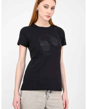 Tricou de bumbac cu imprimeu grafic si logo, Negru stins