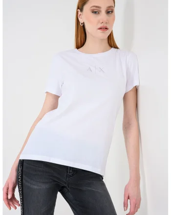 Tricou de bumbac cu logo cu strasuri, Alb/Argintiu