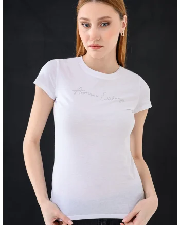 Tricou slim fit cu logo cu strasuri, Alb/Argintiu