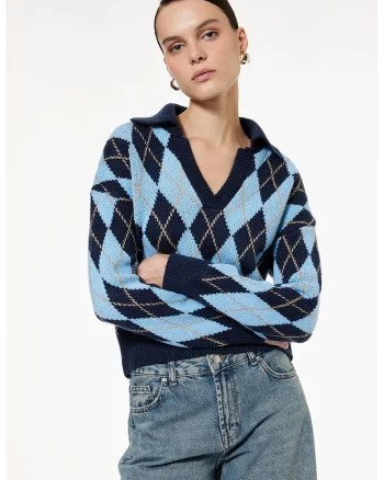 Pulover cu model si decolteu in V, Albastru glaciar/Bleumarin