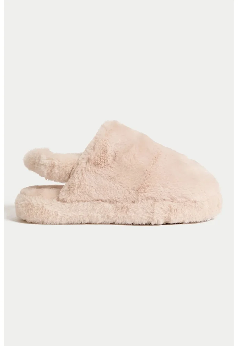 Papuci de casa slingback din blana sintetica, Piersica