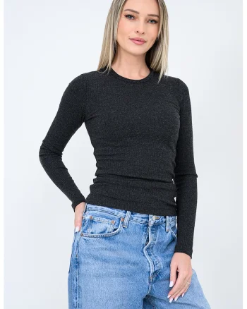 Bluza slim fit cu decolteu rotund Delphi, Gri inchis melange