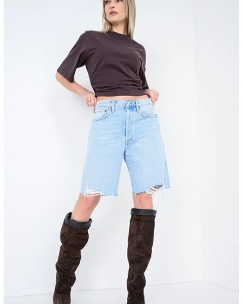 Tricou crop cu parti laterale cu fronseu, Maro