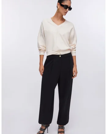 Bluza de trening cu decolteu in V si model uni, Crem