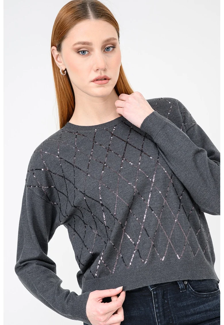 Pulover cu model cu paiete, Gri inchis melange
