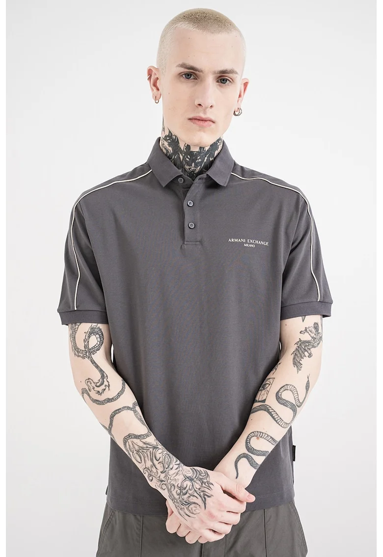 Tricou polo de bumbac cu logo discret, Gri carbune