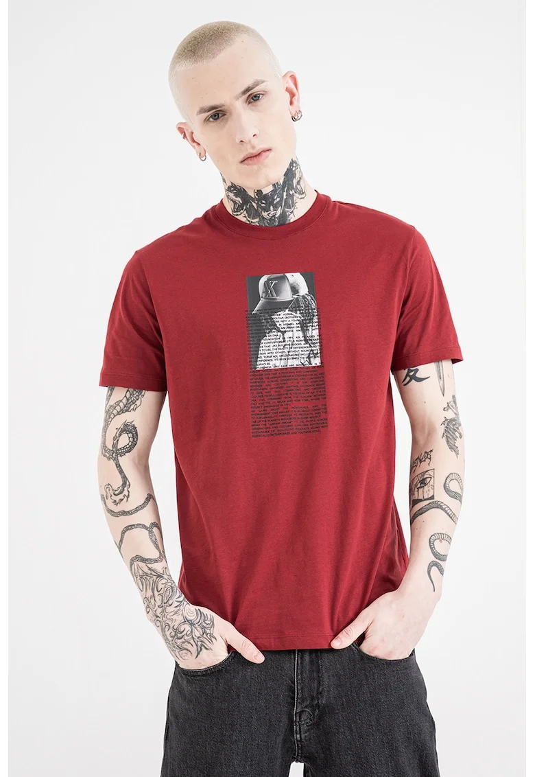 Tricou regular fit cu imprimeu foto, Gri/Rosu inchis