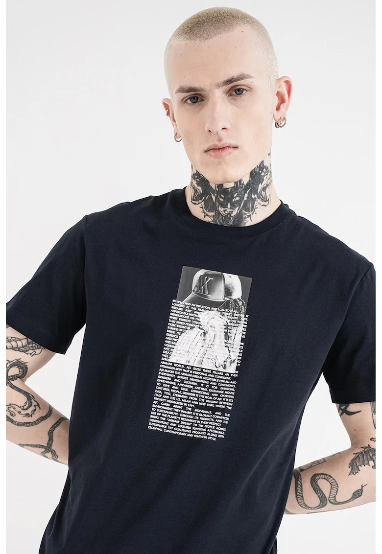 Tricou regular fit cu imprimeu foto, Gri/Bleumarin