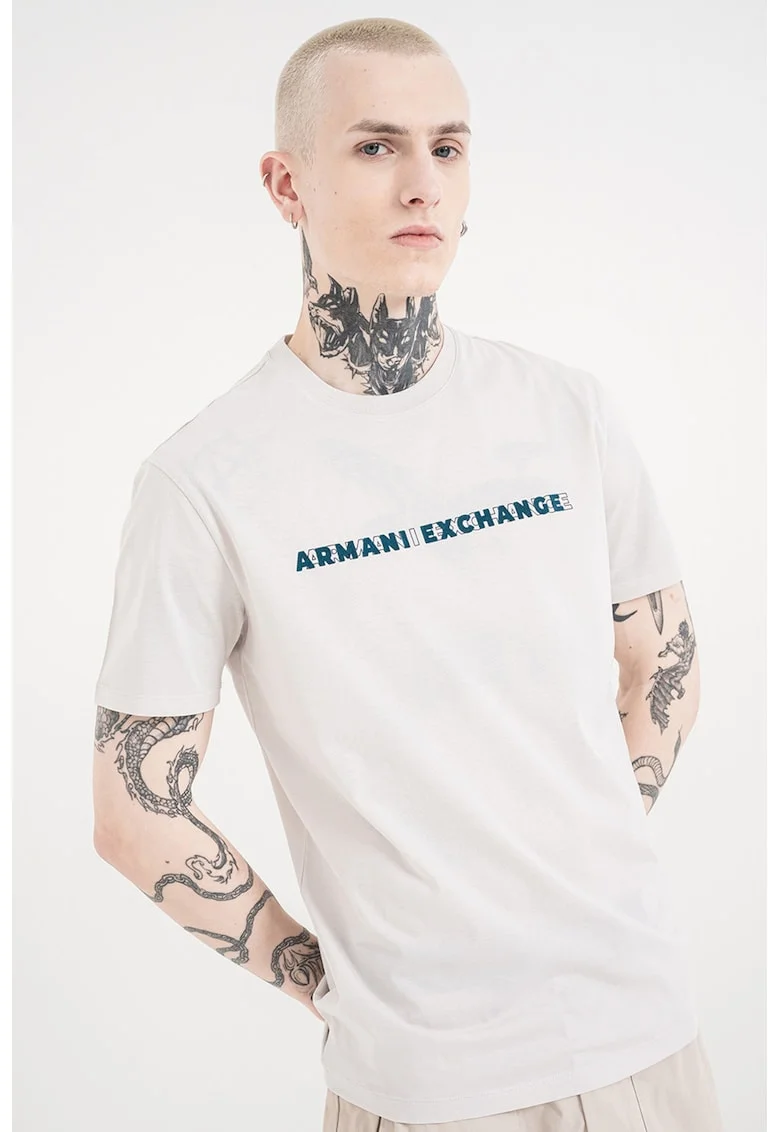 Tricou de bumbac cu model text, Gri deschis/Albastru petrol