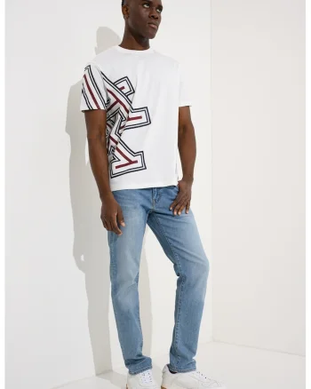 Tricou cu decolteu la baza gatului si logo supradimensionat, Alb/Visiniu/Albastru ultramarin