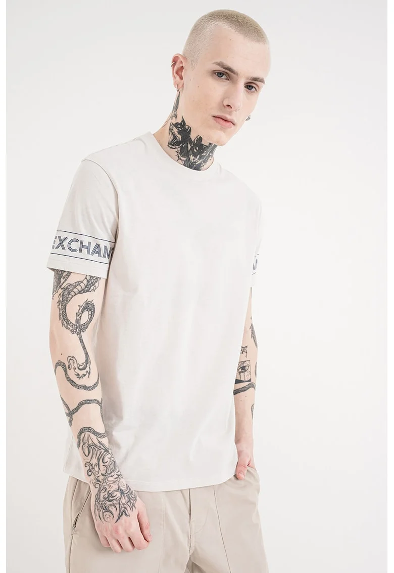 Tricou de bumbac cu logo pe maneca, Gri deschis/Albastru ultramarin