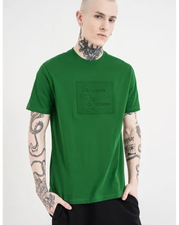 Tricou de bumbac cu decolteu la baza gatului, Verde