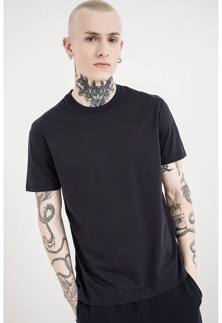 Tricou de bumbac cu decolteu la baza gatului, Bleumarin