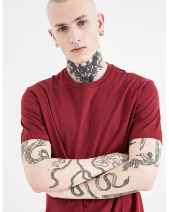 Tricou de bumbac cu decolteu la baza gatului, Rosu inchis