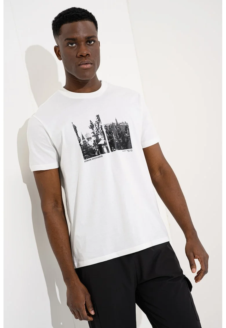 Tricou regular fit cu model grafic, Alb/Negru stins