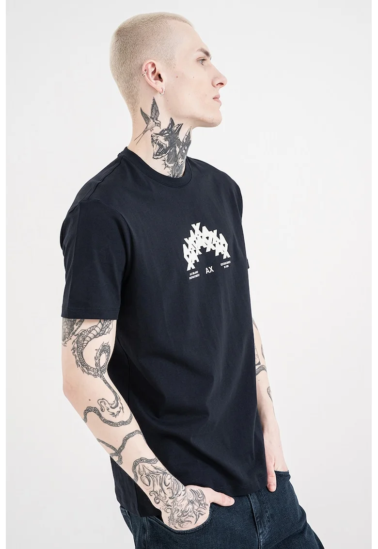 Tricou de bumbac cu imprimeu logo, Alb/Bleumarin