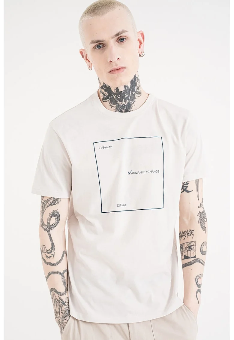 Tricou de bumbac cu decolteu la baza gatului si imprimeu logo, Gri deschis/Verde englez