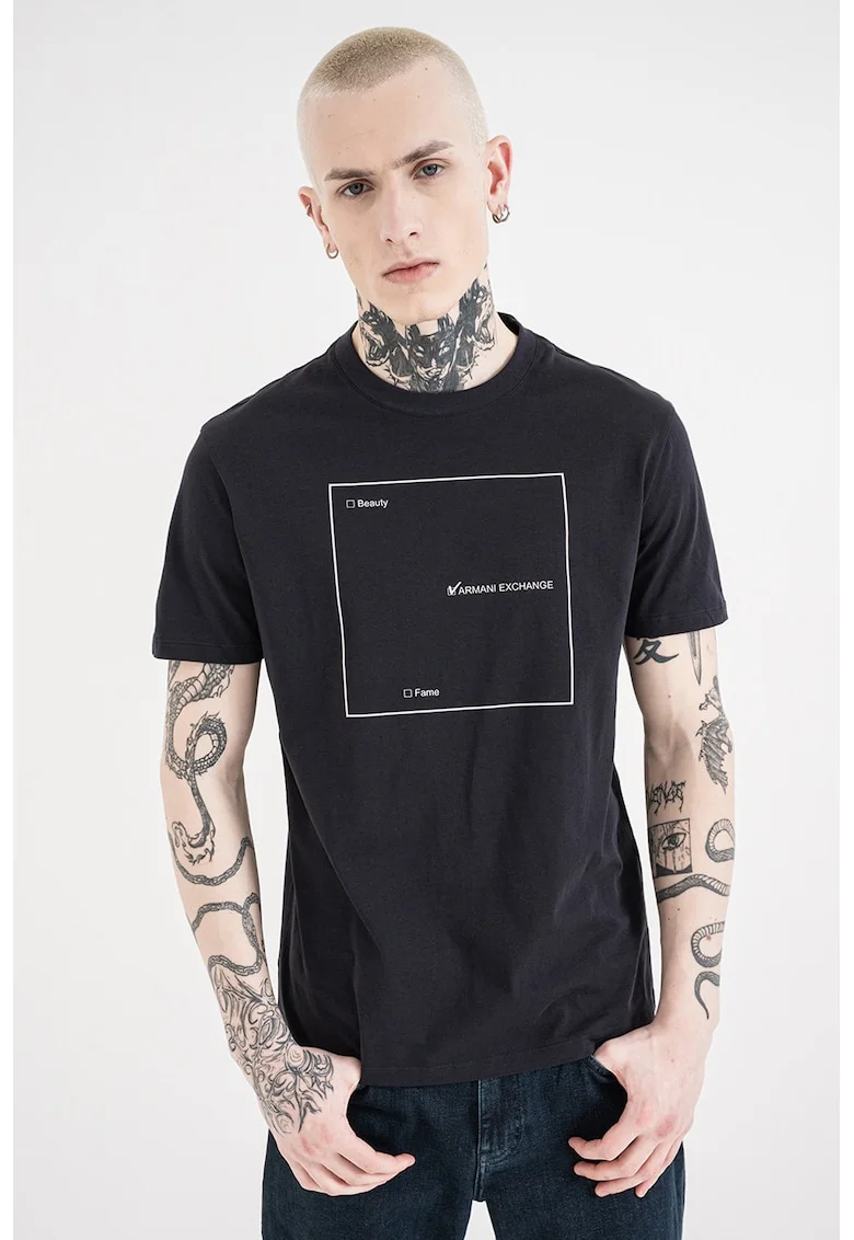 Tricou de bumbac cu decolteu la baza gatului si imprimeu logo, Alb/Bleumarin
