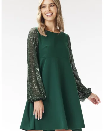 Rochie,  A694, maneca cu paiete, verde sticla, poliester-elastan