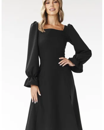 Rochie midi,  decolteu patrat, maneci lungi, neagra, poliester-elastan