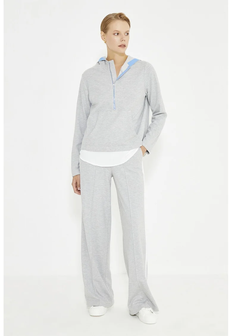 Pantaloni de trening relaxed-fit cu croiala dreapta si talie inalta, Gri deschis melange
