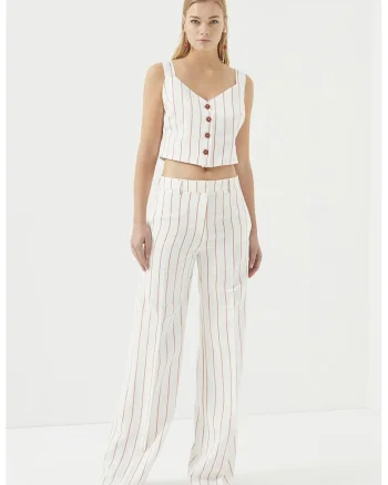 Pantaloni drepti cu dungi, Alb/Coral