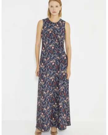 Rochie maxi cu model paisley, fara maneci, Rosu/Alb/Bleumarin